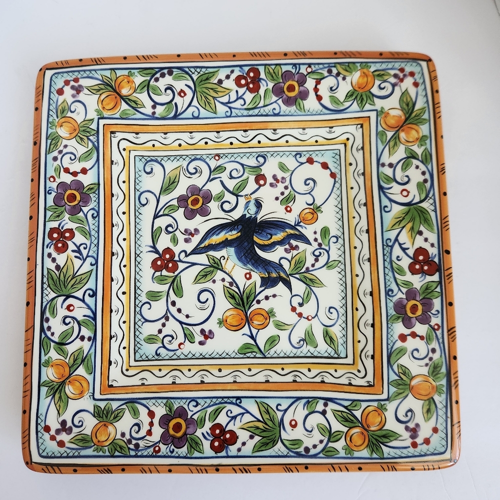 Dario Farrucci Designs Villa Paradiso Hand Painted Floral Ceramic Square Plate